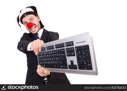 Funny clown with keyboard isolated on white