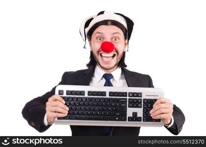 Funny clown with keyboard isolated on white