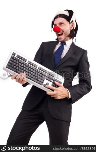 Funny clown with keyboard isolated on white