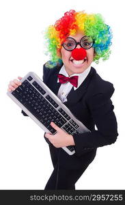 Funny clown with keyboard on white