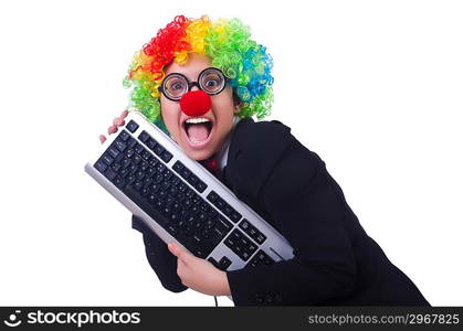 Funny clown with keyboard on white