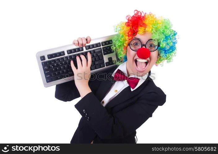 Funny clown with keyboard on white