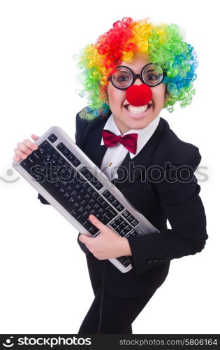 Funny clown with keyboard on white