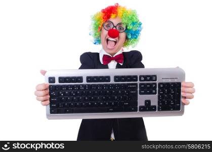 Funny clown with keyboard on white