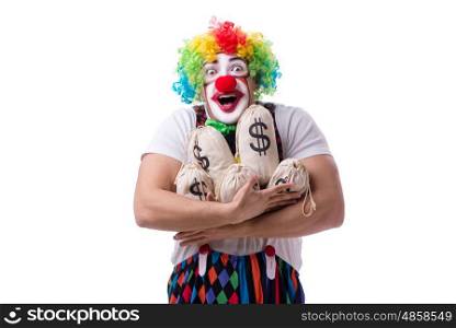 Funny clown with money sacks bags isolated on white background