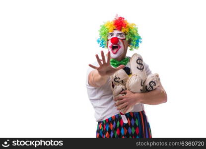 Funny clown with money sacks bags isolated on white background