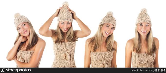 Funny collage of happy woman wearing stylish beige knitted hat and sweater isolated on white background, winter fashion concept&#xA;