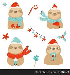 Funny collection of cute sloths in winter clothing. Vector holiday illustration. Funny collection of cute sloths in winter clothing