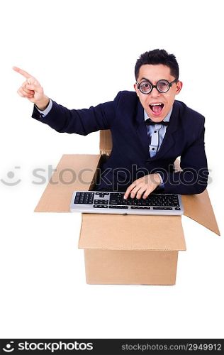 Funny computer geek sitting in the box