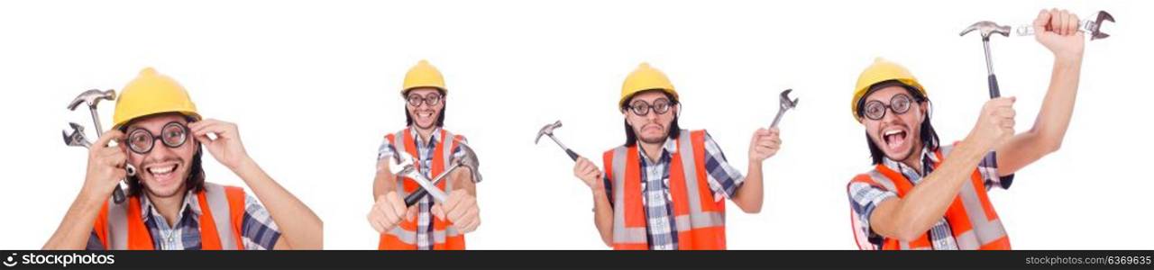Funny construction worker with hammer and wrench isolated on whi. Funny construction worker with hammer and wrench isolated on white