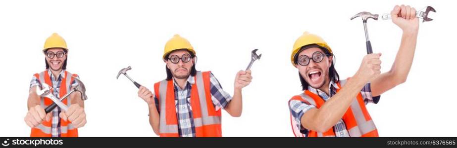 Funny construction worker with hammer and wrench isolated on whi. Funny construction worker with hammer and wrench isolated on white
