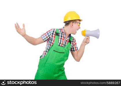 Funny construction worker with loudspeaker on white