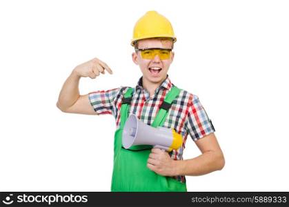 Funny construction worker with loudspeaker on white