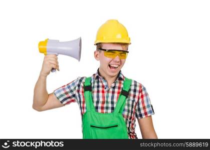 Funny construction worker with loudspeaker on white