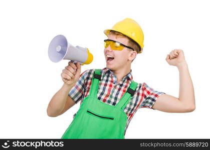 Funny construction worker with loudspeaker on white