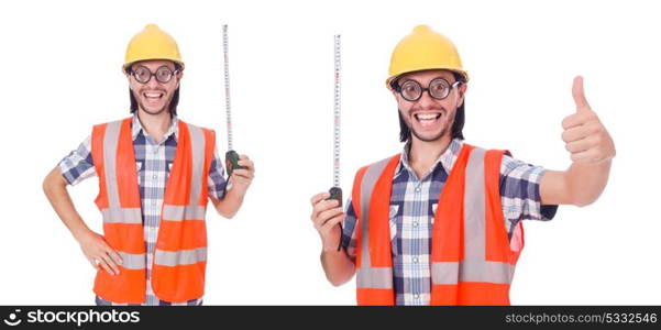 Funny constructon worker with tape-line isolated on white