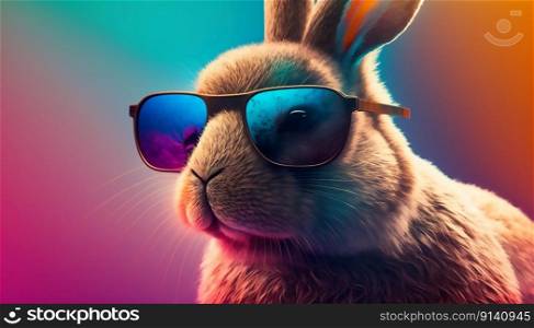 Funny cool bunny in sunglasses on colorful background. Close up. Generative ai