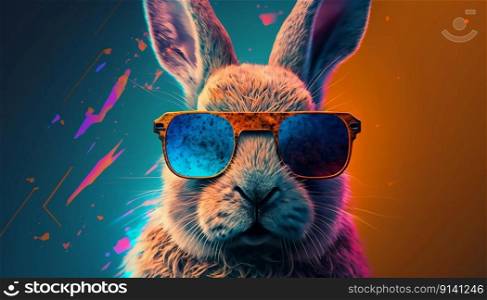 Funny cool bunny in sunglasses on colorful background. Close up. Generative ai