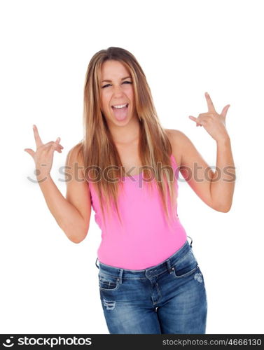Funny cool woman grimacing isolated on a white background