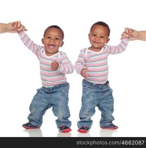 Funny couple of identical brothers learning to walk isolated on a white background
