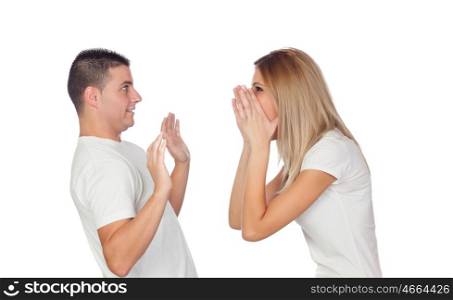 Funny couple simulating a discussion isolated on a white background