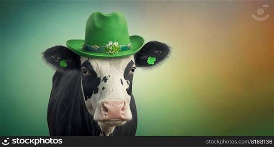 Funny cow wearing a green cat celebrating Saint Patrick Day on a blurred background. Generative AI