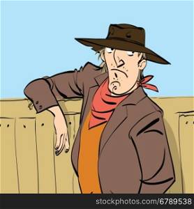 Funny cowboy on a ranch, hand drawn line art illustration
