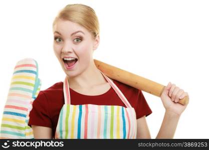 Funny crazy emotional housewife or baker chef wearing kitchen apron green oven mitten holds baking rolling pin isolated on white