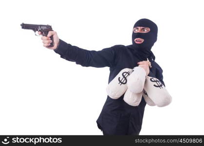 Funny criminal with gun isolated on white