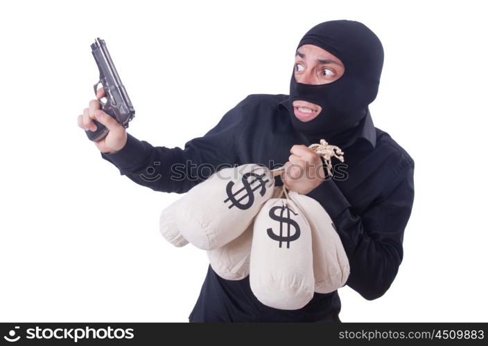 Funny criminal with gun isolated on white