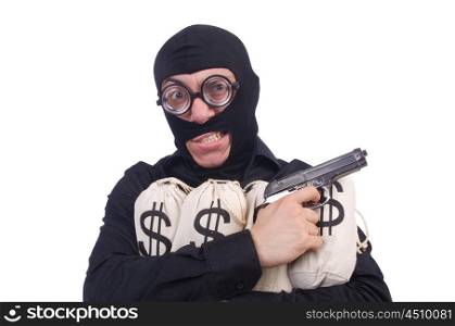Funny criminal with gun isolated on white