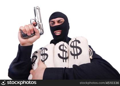Funny criminal with gun isolated on white