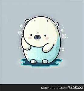Funny cute baby polar bear on a color background. Illustration of a funny childish character in winter. Gnerative AI