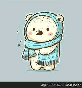 Funny cute baby polar bear with scarf on a color background. Illustration of a funny childish character in winter. Gnerative AI