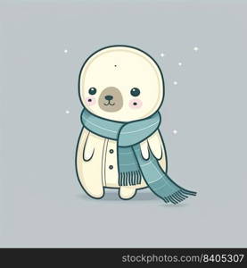 Funny cute baby seal with scarf on a color background. Illustration of a funny childish character in winter. Gnerative AI