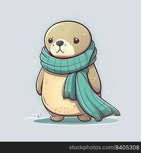 Funny cute baby seal with scarf on a color background. Illustration of a funny childish character in winter. Gnerative AI