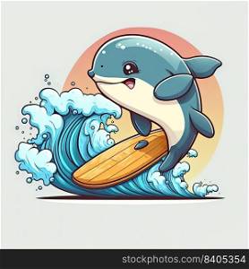  Funny cute baby whale surfing on the beach. Color illustration. Generative AI