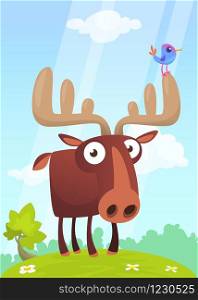 Funny cute cartoon moose character standing on the meadow background with a gras mushroom and flowers. Vector moose illustration isolated.