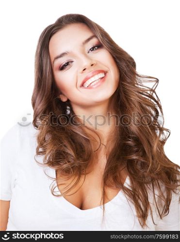 funny cute smiling woman on white background