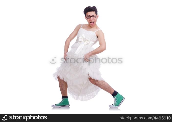 Funny dancing man wearing in woman dress isolated on white