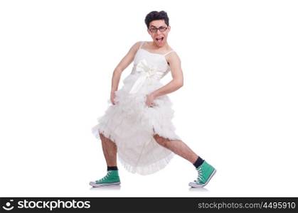 Funny dancing man wearing in woman dress isolated on white
