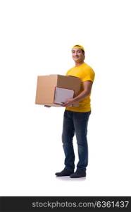 Funny delivery boy with box isolated on white