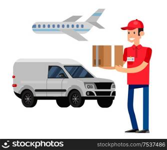 Funny Delivery character man. Vector Delivery. Delivery detailed illustration. Delivery fast to the door and by delivery courier flat set. Delivery vector illustration. Funny Delivery character