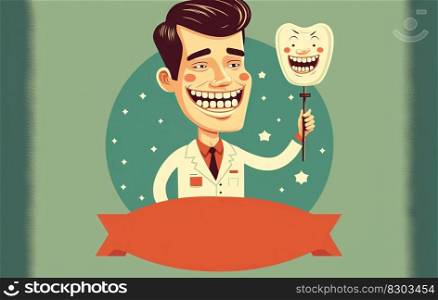 Funny dentist with tooth. Happy doctor smiling with all his teeth. Generated AI. Funny dentist with tooth. Happy doctor smiling with all his teeth. Generated AI.
