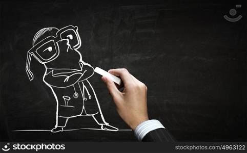 Funny doctor chalk drawing. Hand draw with chalk caricature of funny doctor