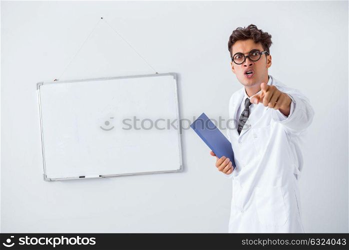 Funny doctor scientist making presentation in hospital