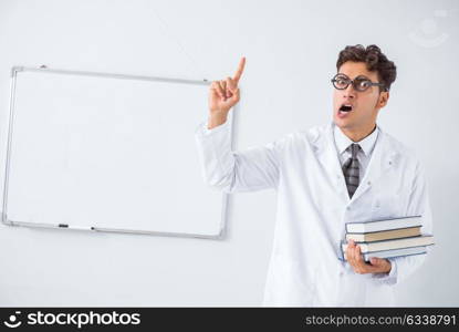 Funny doctor scientist making presentation in hospital