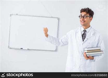 Funny doctor scientist making presentation in hospital