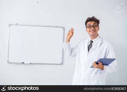 Funny doctor scientist making presentation in hospital