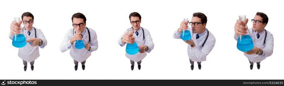 Funny doctor with blue liquid isolated on white